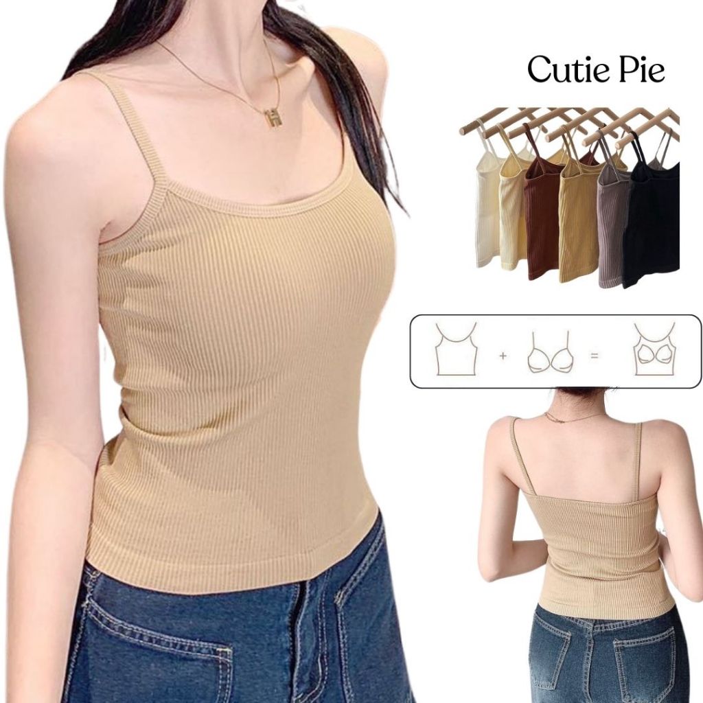 Áo Dây Thun Tăm có Sẵn Mút Ngực, Áo Hai Dây Gân Tăm Mềm Mịn Co Giãn Cao Cấp
