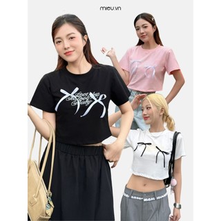 Áo thun nữ tay ngắn cổ tròn đính nơ rời trendy dễ thương MIEU - KD01