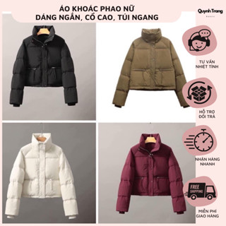 Áo khoác phao nữ dáng ngắn, cổ cao, túi ngang, Áo béo nữ dáng croptop cực dày dặn giữ nhiệt tốt freesize 40-70kg