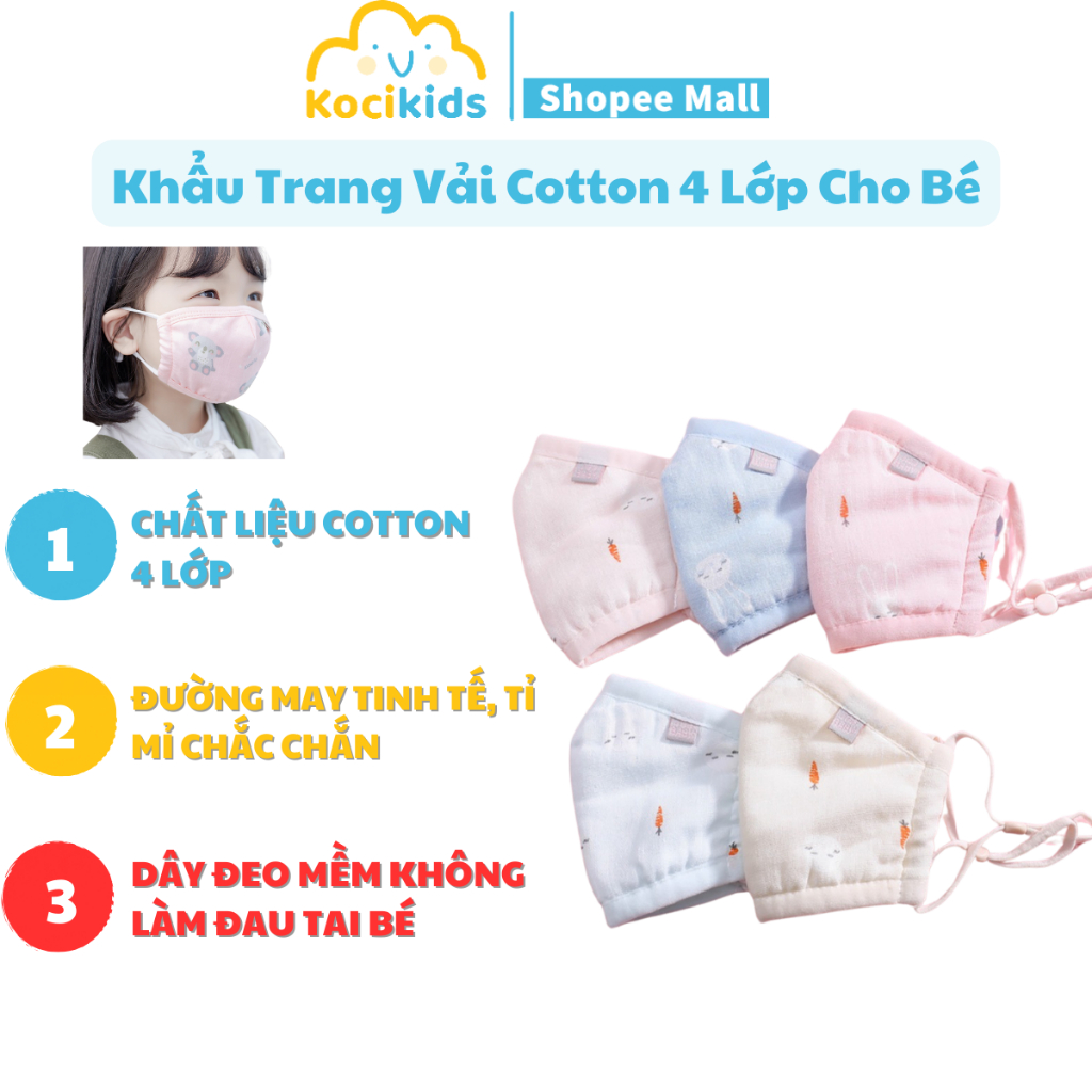 Khẩu trang vải cho bé có nút chỉnh quai đeo 100% cotton - Kocikids