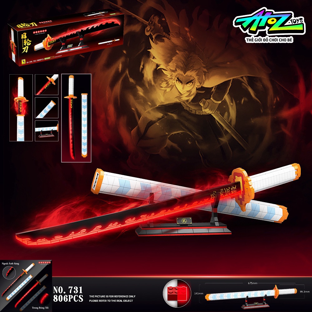 Đồ Chơi Lắp Ráp Mô Hình Kiếm Katana Phát Sáng Red Sword Của Viêm Trụ Rengoku Kyoujurou Model 731 Với 806+ Mảnh Ghép