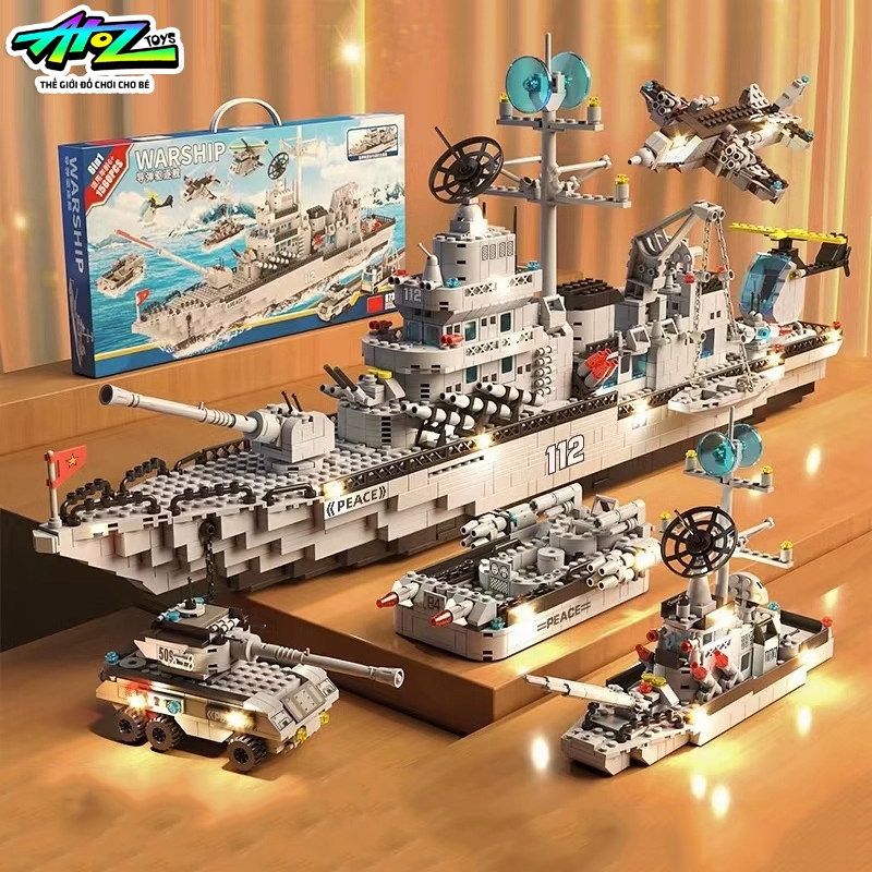 Đồ Chơi Lắp Ráp Mô Hình Tàu Chiến Hạm,Trực Thăng, Máy Bay, Xe Tăng Tank T90 6IN1 Chiều Dài Tàu 70cm 