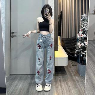 Quần bò ống suông TALOFA có hình chữ thập tạo điểm nhấn eo cao hack dáng dành cho nữ thời trang cá tính 573