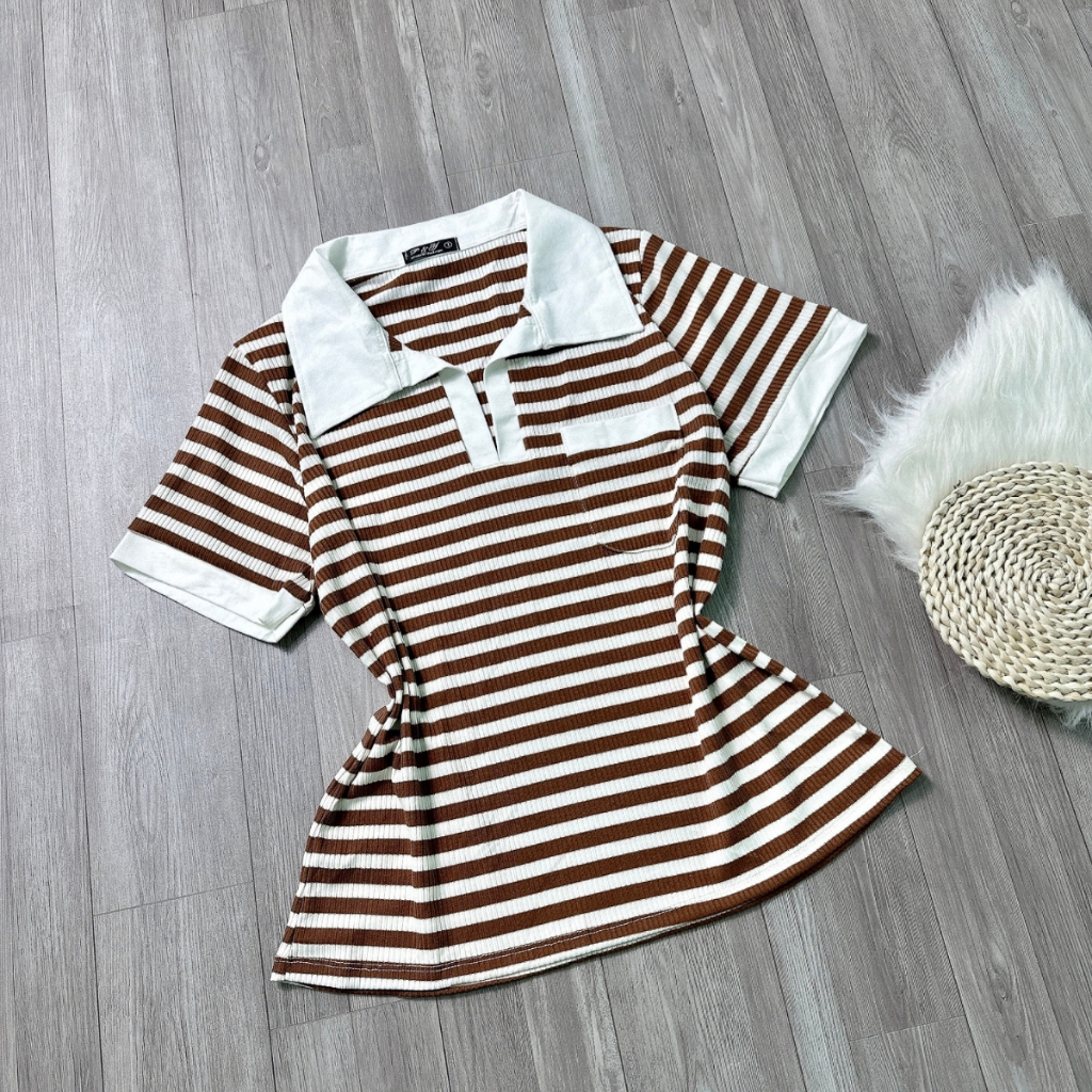 Áo thun tay ngắn bigsize nữ cổ bẻ sọc tay ngắn dáng dài, Áo phông oversize hottrend thời trang cho nàng Chuppy CB SOC