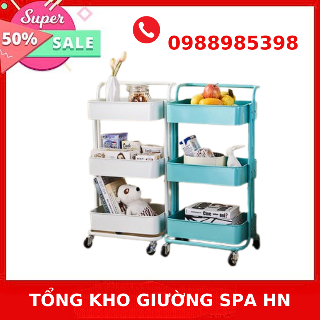 Kệ 3 tầng nhựa, khung thép chắc chắn, có bánh xe dễ dàng di chuyển