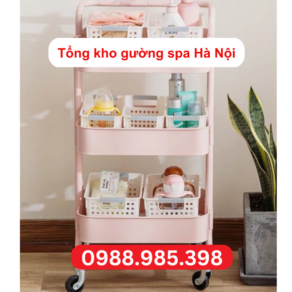 Kệ 3 tầng nhựa, khung thép chắc chắn, có bánh xe dễ dàng di chuyển