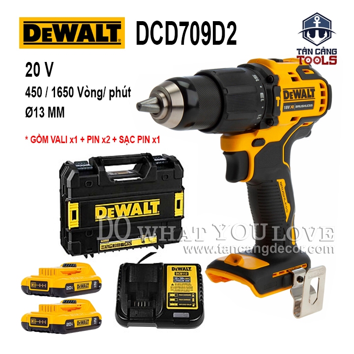 Máy Khoan Cầm Tay Động Lực Dùng Pin DeWalt 20V DCD709D2, 1.8kg, 65Nm, 2 Pin 2.0Ah