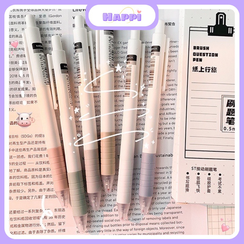 Set 6 Bút Bi Bấm Mực Gel Đen MOKA có đệm chống mỏi tay Ngòi 0.5mm Họa Tiết Cute Hộp 6 Chiếc Cây Viết Nước Giá Rẻ HAPPI