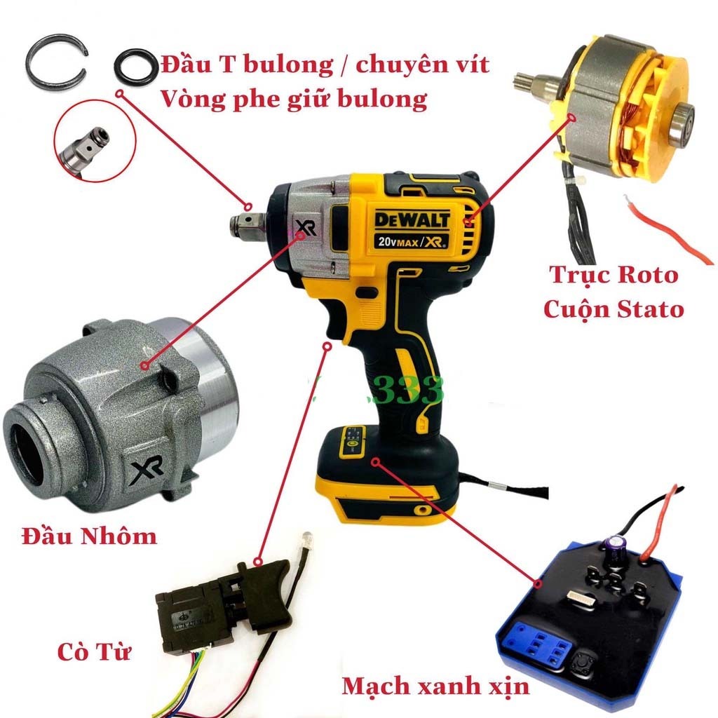 Linh kiện thay thế cho máy siết bulong Dewalt 20V không chổi than ( động cơ, công tắc, mạch, đầu nhôm, đầu T)