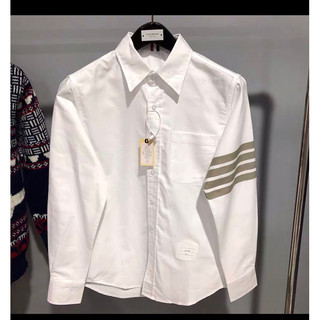 Áo sơ mi nam nữ tay dài oxford Thom brown trắng viền 4 sọc xám nhập khẩu, menswear shirt