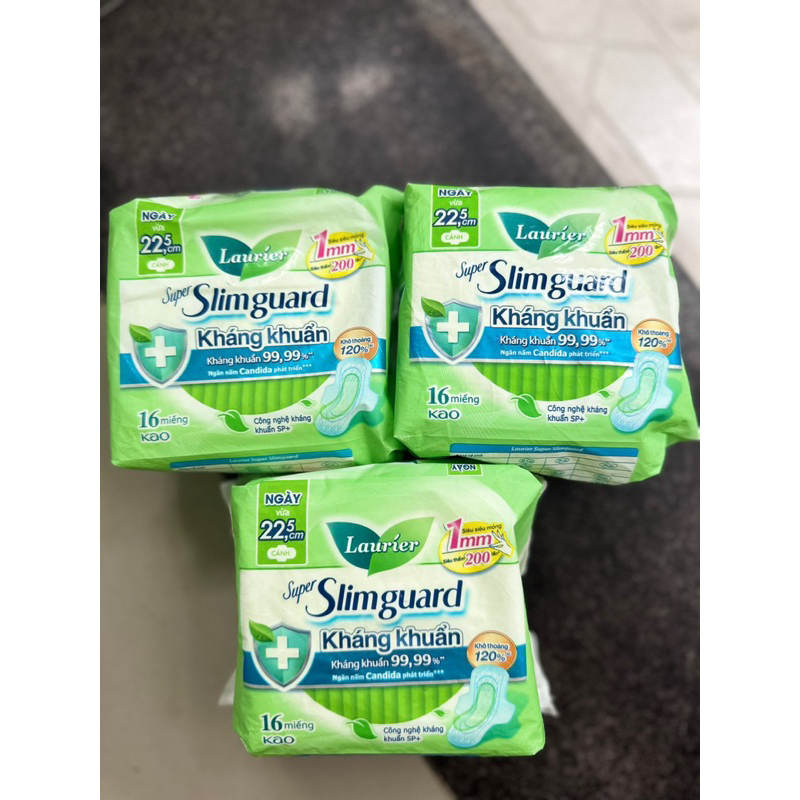 COMBO 3g BĂNG VỆ SINH LAURIER SUPER SLIMGUARD KHÁNG KHUẨN 16M 22.5cm