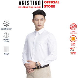 áo sơ mi nam tay dài Aristino somi trắng công sở kiểu dáng suông tà lượn có túi vải sợi sồi cao cấp hàng hiệu ALSR39