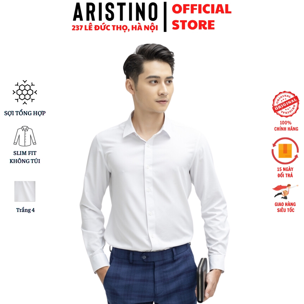 áo sơ mi nam tay dài Aristino somi trắng công sở kiểu dáng ôm tà lượn không túi sợi Micro Polyester cao cấp ALSR18