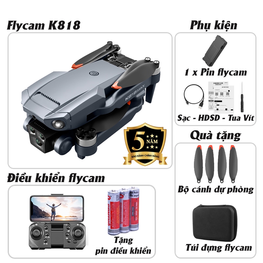 Flycam mini K818 động cơ không chổi than - 3 camera quay phim chụp ảnh, Plycam điều khiển từ xa có cảm biến va chạm | BigBuy360 - bigbuy360.vn