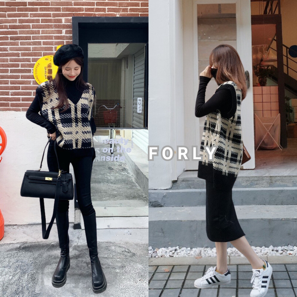 Áo gile cổ V len lông thỏ Forly hoạ tiết kẻ sọc cá tính FG053
