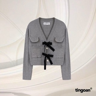  TINGOAN® - Áo len xù dáng lửng đính 2 nơ đen cúc ngọc xám LOVE YOU VERY MUCH TOP GR  màu mới nhất T2.2025  