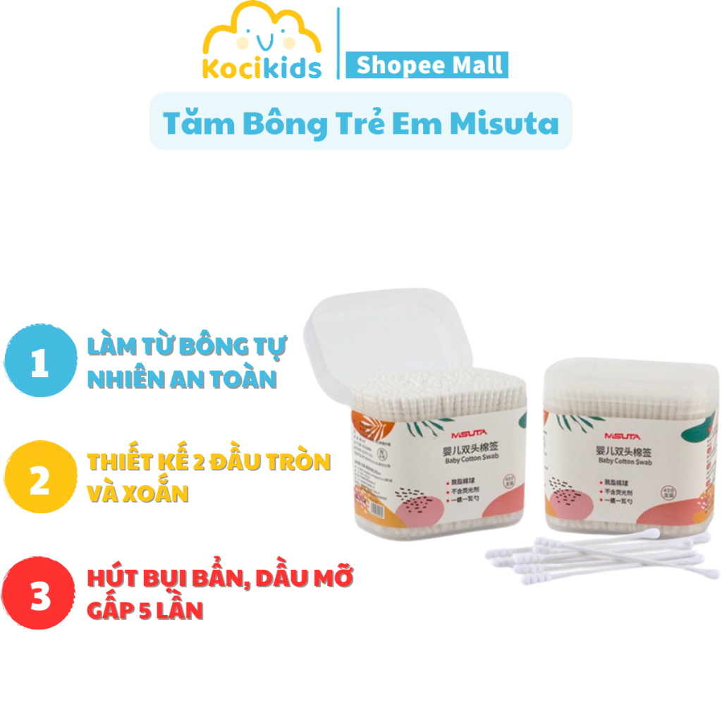Tăm bông sơ sinh Misuta cho bé được làm bằng bông tự nhiên, an toàn