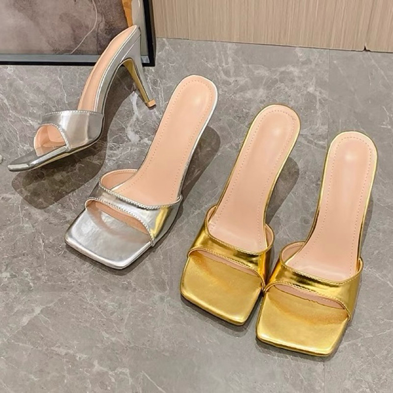 ORDER 🌼 Giày , Guốc quai ngang mũi vuông da nhũ gót trong vàng- bạc 35-39 10cm