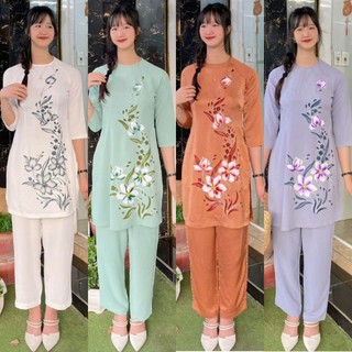 Set bộ nữ áo dài cách tân đũi in sen đồ lam đi chùa