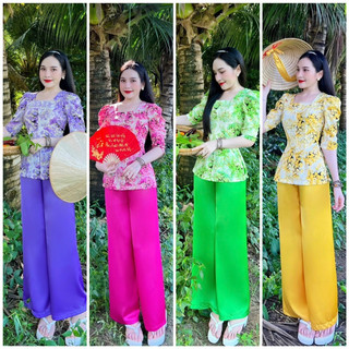 BỘ BÀ BA TAY PHỒNG ÁO HOA QUẦN LỤA MÀU
