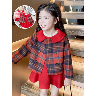 Set áo kẻ dạ kèm váy cho bé 🎁 mua 1 tặng 1 🎁 áo khoác kẻ cổ sen phối váy đỏ cực xinh cho bé gái phong cách hàn quốc