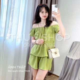 Set Bộ Đũi Áo Trễ Vai Tay Bồng Mix Quần Sooc Đùi Cạp Chun BIG SIZE Nhiều Màu Thiết Kế Form Rộng THUS