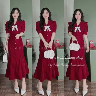 Đầm midi thời trang trẻ chất nhung màu đỏ đuôi cá tag nơ trắng dành cho các nàng