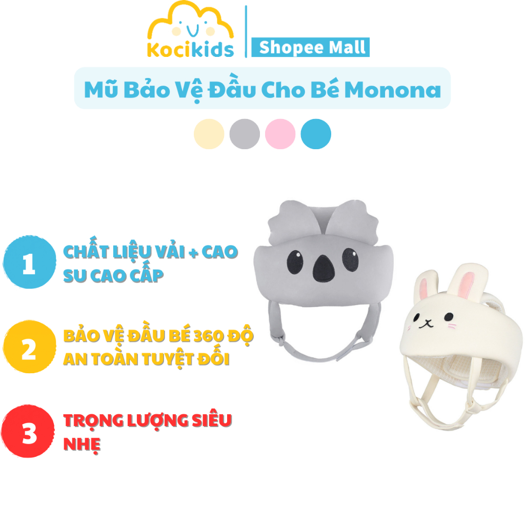 Mũ bảo vệ đầu cho bé Monona tập đi, tập bò chống va đập mạnh có quai dán siêu dính