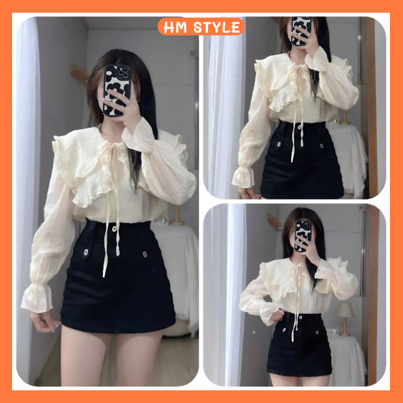 Áo sơ mi kiểu nữ dài tay, Áo sơ mi đũi cổ bèo sen phối nơ màu be xinh xắn HA140 HMStyle