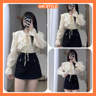 Áo sơ mi kiểu nữ dài tay, Áo sơ mi đũi cổ bèo sen phối nơ màu be xinh xắn HA140 HMStyle
