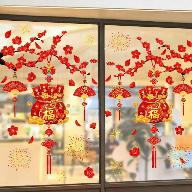 Decal trang trí Tết hít tĩnh điện - Cành mai quạt đỏ đón tết Giáp Thìn 2024