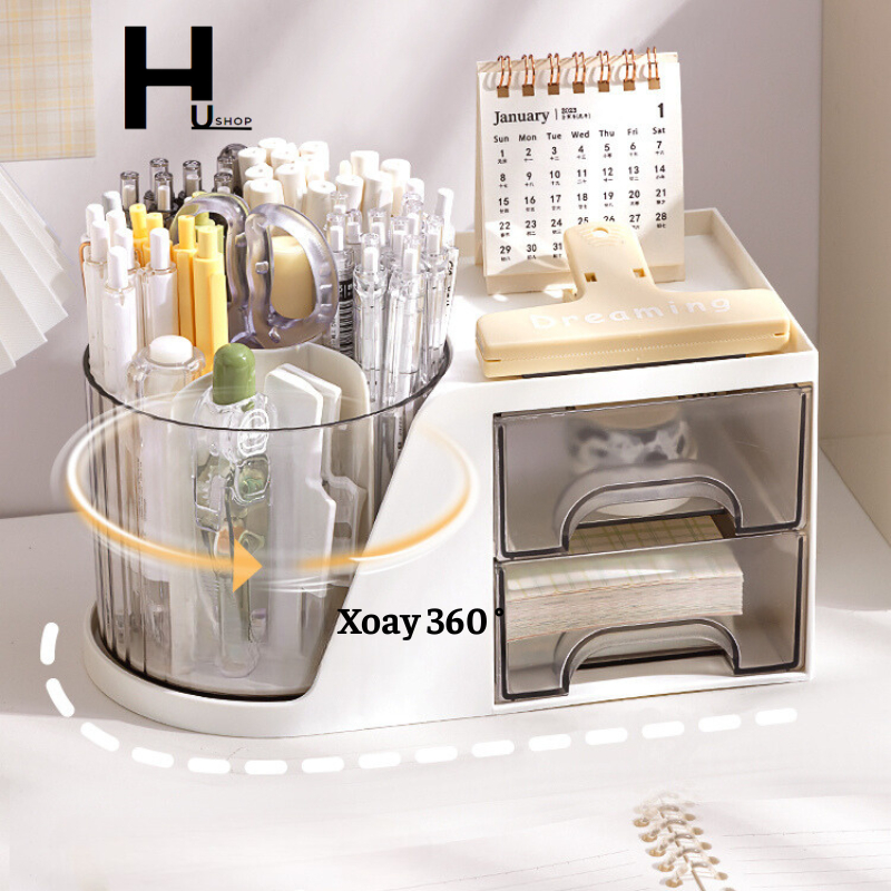Hộp đựng bút, Hộp đựng mĩ phẩm nhiều ngăn, có ông đựng bút xoay 360 độ tiện lợi thông minh hottrend Hushop
