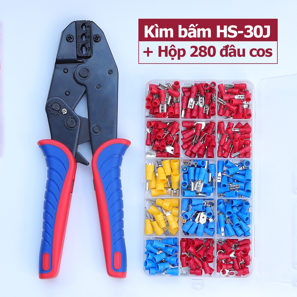 Bộ Kìm bấm cos HS-30J và Hộp 280 đầu bấm cốt dây điện HS30J