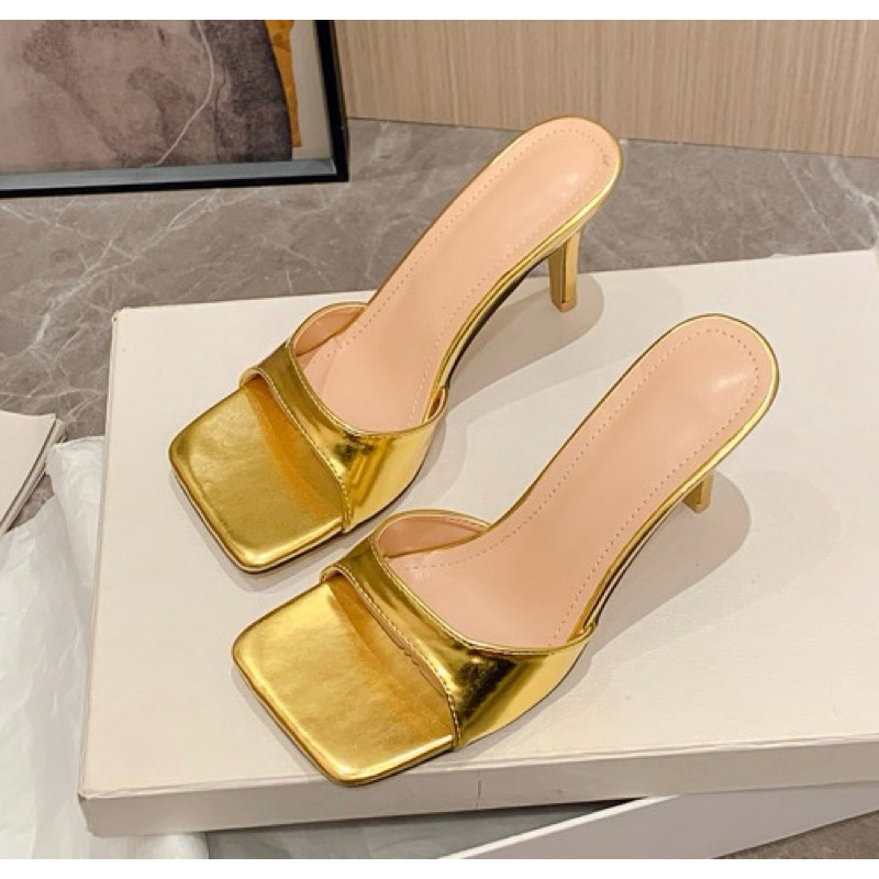 ORDER 🌼 Giày , Guốc quai ngang mũi vuông da nhũ gót trong vàng- bạc 35-39 10cm