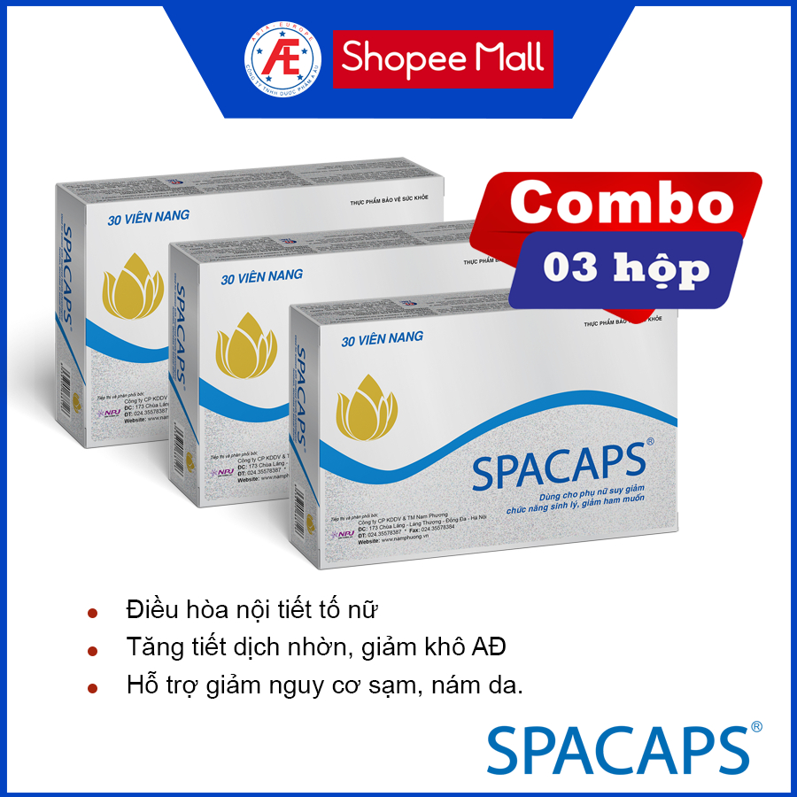 Spacaps hỗ trợ cải thiện khô âm đạo, giảm ham muốn, giảm nguy cơ sạm da, nám da, giúp bổ huyết, tăng nội tiết tố nữ.