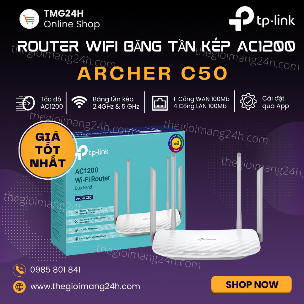 Router Wifi TP-Link Archer C50 Băng Tần Kép Chuẩn AC1200 - Hàng Chính Hãng