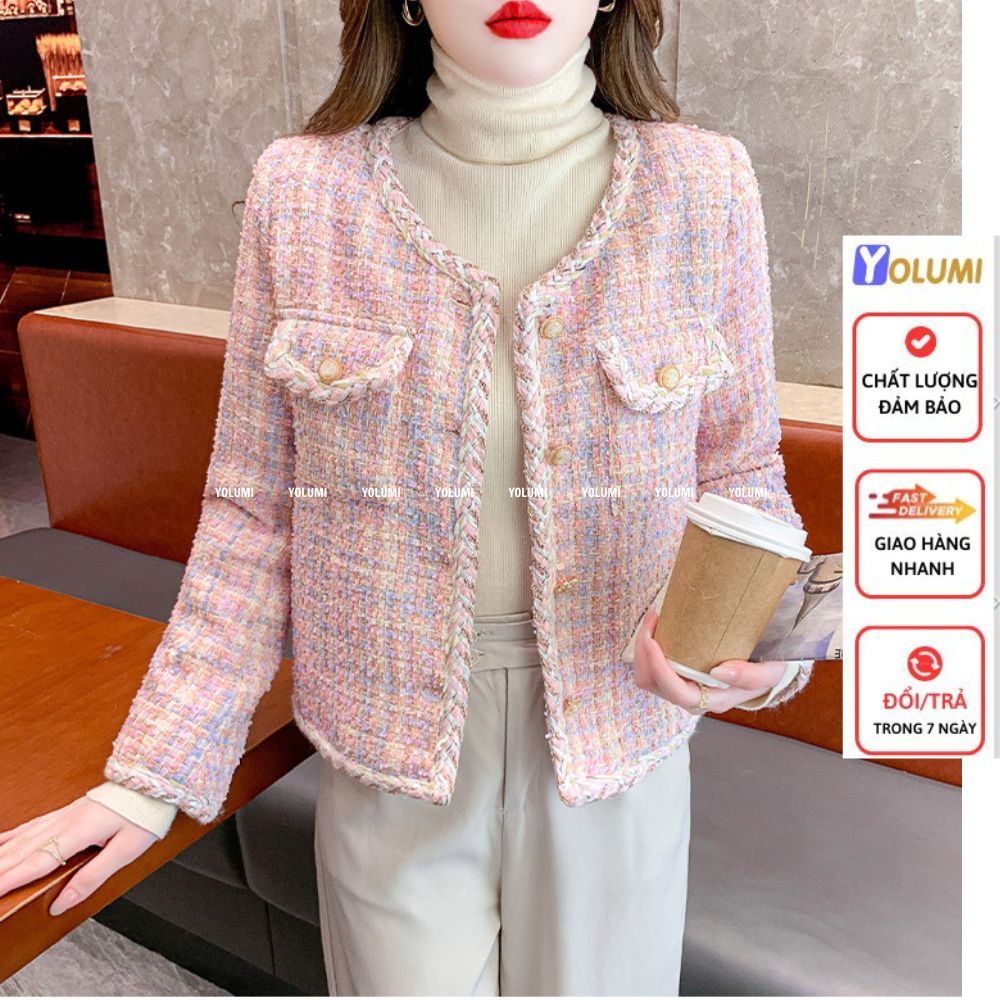 Áo Khoác Dạ Tweed Áo Dạ hồng phối cúc đồng siêu xinh phong cách Hàn Quốc YOLUMI
