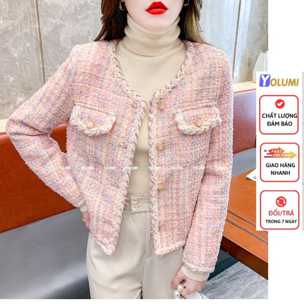 Áo Khoác Dạ Tweed Áo Dạ hồng phối cúc đồng siêu xinh phong cách Hàn Quốc YOLUMI
