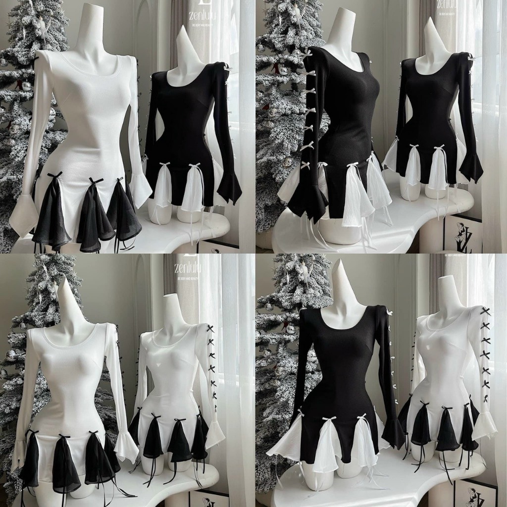 Váy body dài tay đính nơ phối lưới siêu xinh ll
