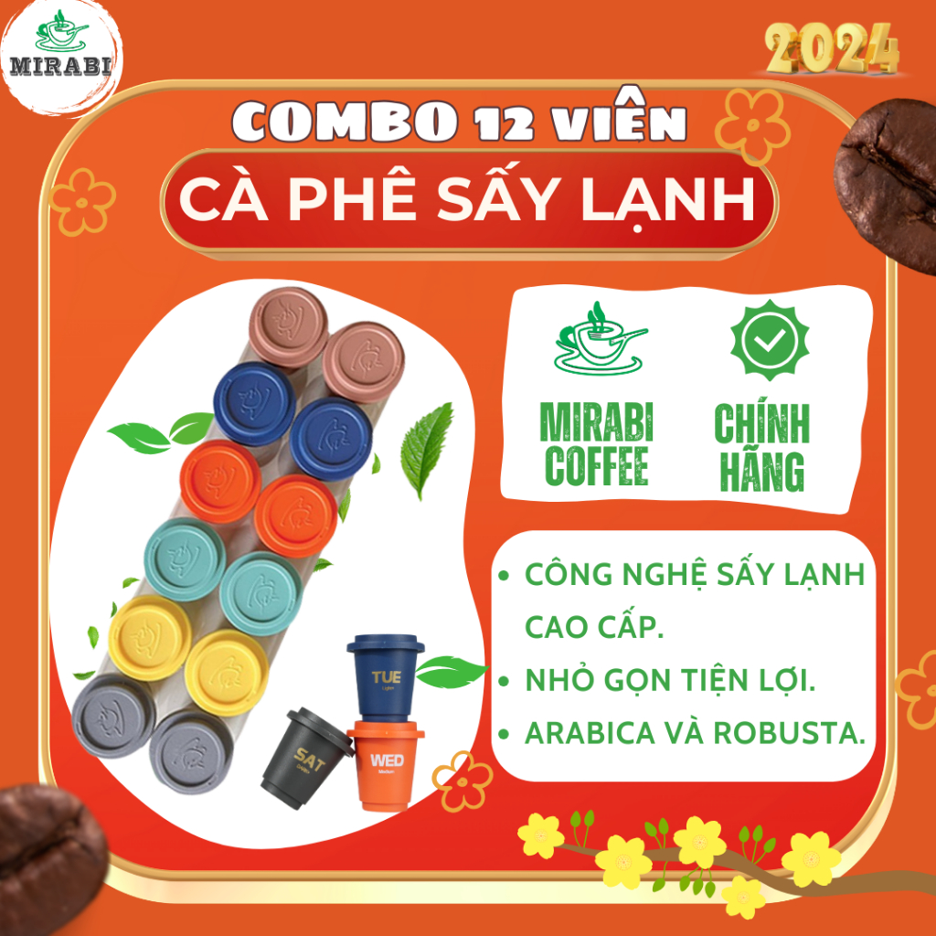 HỘP 12 viên Cà Phê Hòa Tan Sấy Lạnh MIRABI, Full 6 cấp độ - Cà phê nguyên chất rang xay Đắk Lắk