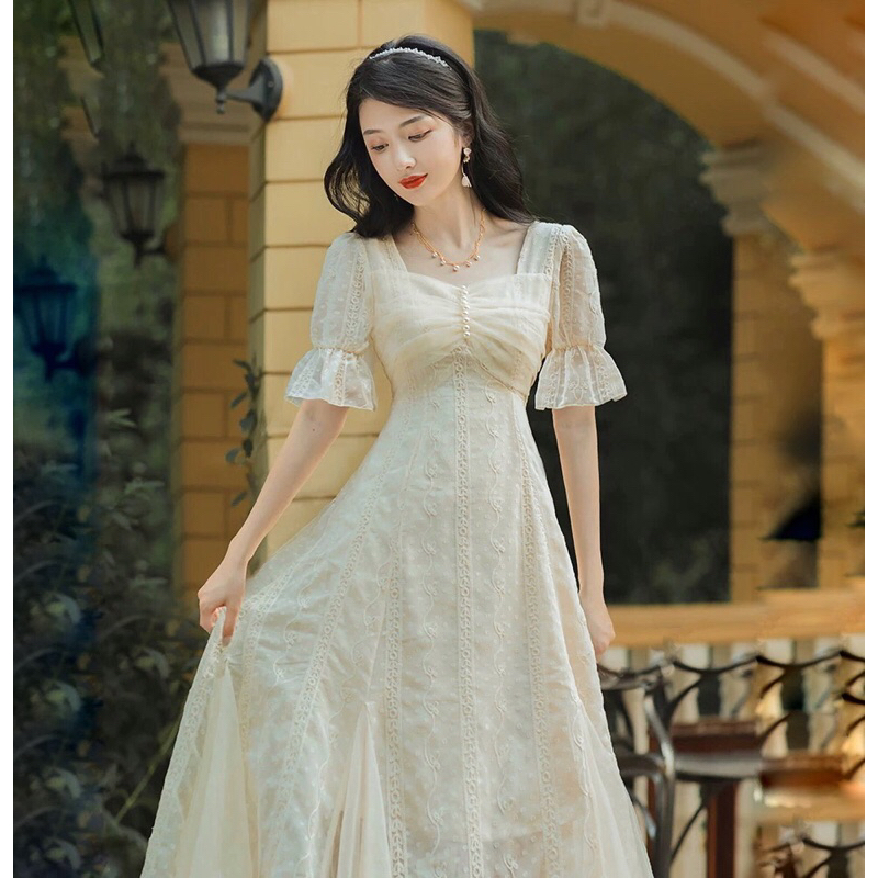 Đầm váy tiểu thư vintage váy tiểu thư cổ điển dáng dài tay phồng xinh xắn vintage váy tiểu thư cổ đi