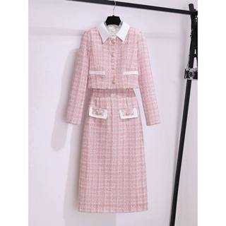 Set Đồ Nữ Áo Dạ Tweed Áo Vest Nữ Cổ Polo Dáng Ngắn, Chân Váy Chữ A Dáng Dài Qua Gối Xẻ Tà Set Đồ Nữ Sang Chảnh SD590