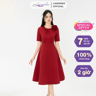 Đầm công sở thiết kế LAVENDER FASHION màu đỏ cổ tròn đính hoa D2962