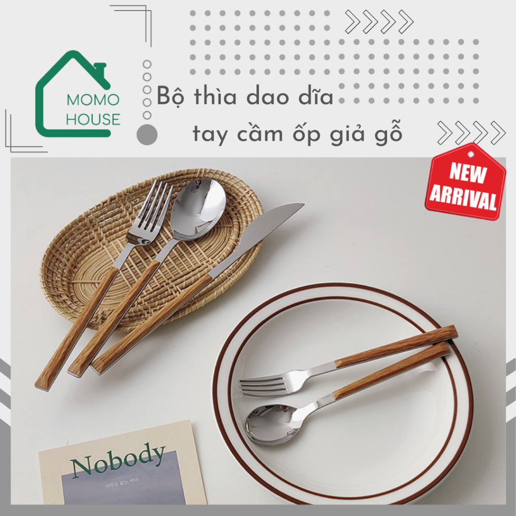 Bộ Dao Dĩa Thìa Inox 304 Không Rỉ Cán Ốp Giả Gỗ Cánh Gà, Set Đũa Thìa Dao Nĩa Tây Beefsteak Bằng Ino