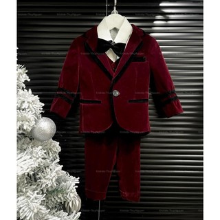 Vest nhung đỏ viền đen 3 chi tiết cho bé trai