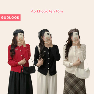 Áo len nữ dài tay cúc ngọc gudlook phối tag nơ kim loại