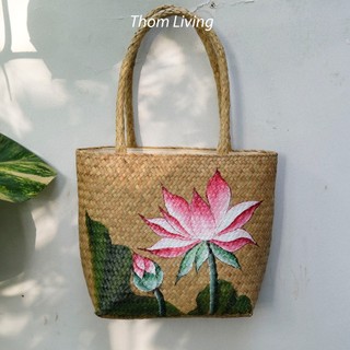 Giỏ cỏ bàng tote đi biển - giỏ cỏ bàng đi làm văn phòng dáng vuông vẽ hoa quai cỏ bàng đeo vai