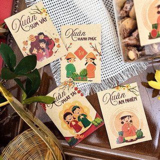 Tem Tết, Tem kraft vintage hoạ tiết Xuân - Giá xưởng