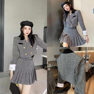  BIGSIZE HIẾU HIẾU  55-100KG  - Set dạ xám caro thu đông áo vest nút vàng tay dài kèm chân váy xếp ly S224 