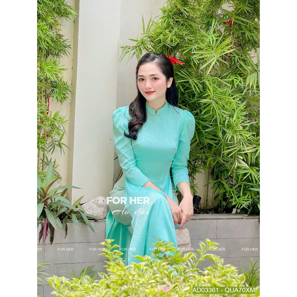 Áo dài FOR HER Ý Thơ kết ngọc xanh min AD03361